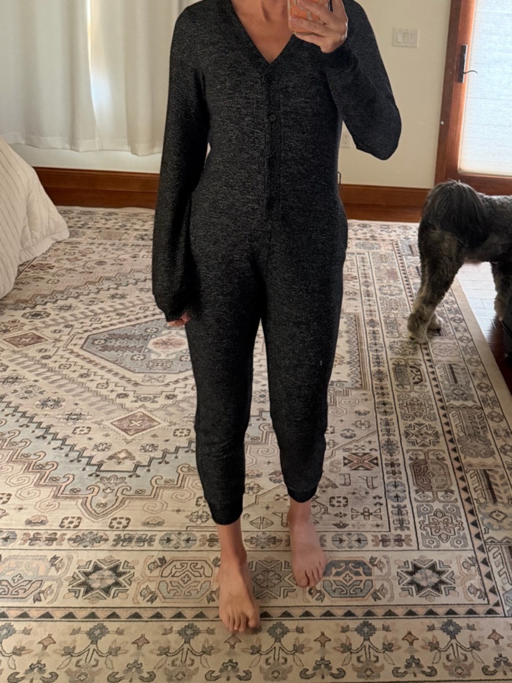 GAP Women's Long-Sleeve V-Neck Thermal Jumpsuit - Charcoal Heather